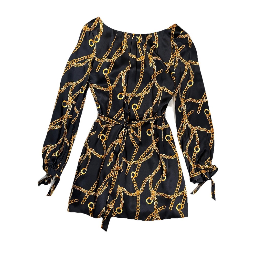 Milly of NY‎ Chain Print 100% Silk Belted Dress Sz 4 Designer Party Cocktail
